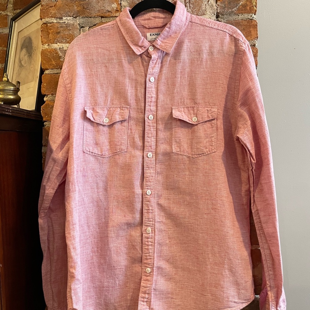 Express Men’s Large Pink/Red Linen Blend Casual Button Down Shirt, Like New